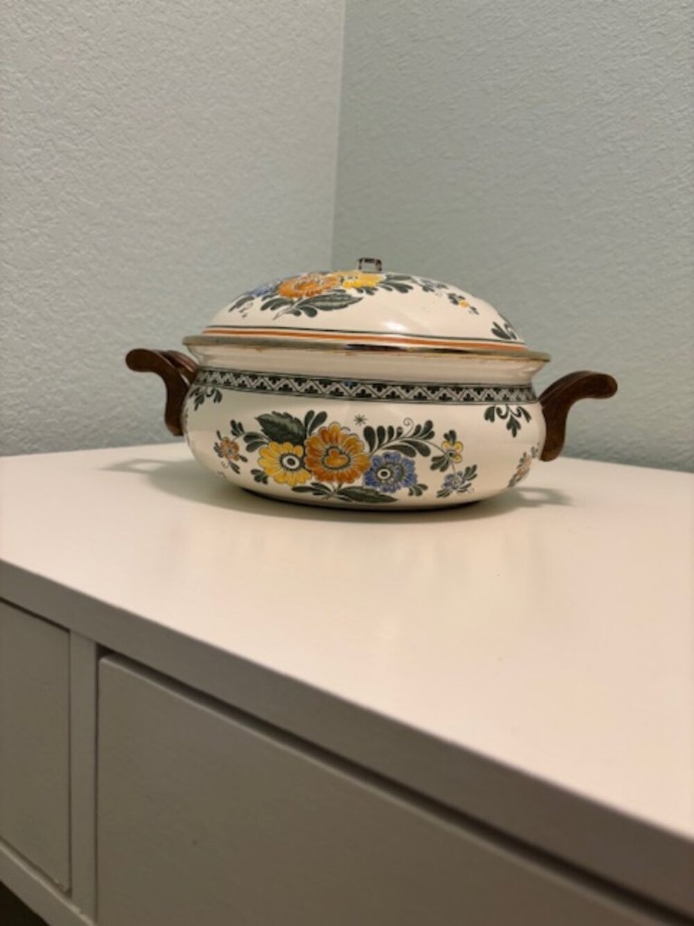 Vintage Asta Enamelware Floral Dutch Oven with Brass Handles - German - SALE!